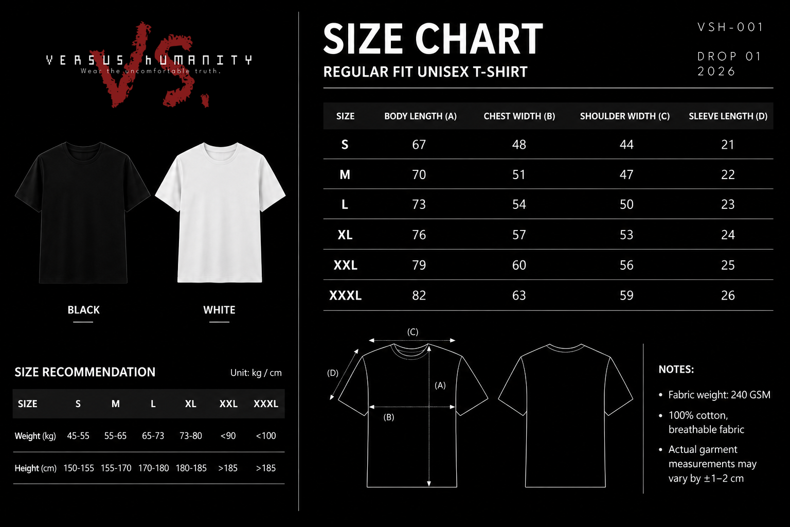 Versus Humanity Size Chart — Regular Fit Unisex T-Shirt, Drop 01